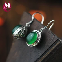 12MM Natural Stone Gem Jade Earrings 925 Sterling Silver Drop Earrings For Women Jewelry Vintage Hollow Flower Earrings SE08 v ya 925 sterling silver moon shape drop earrings elegant green opal stone earrings vintage women earrings female fine jewelry