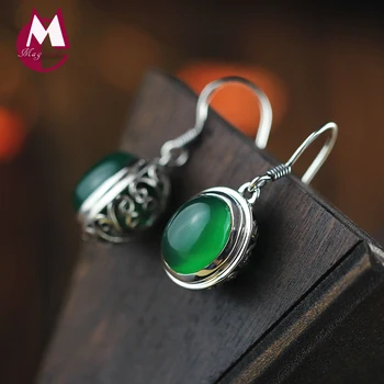 

12MM Natural Stone Gem Jade Earrings 925 Sterling Silver Drop Earrings For Women Jewelry Vintage Hollow Flower Earrings SE08