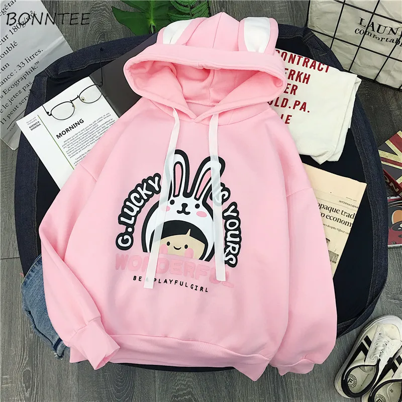  Hoodies Women Winter Thicken Ulzzang Kawaii Long Sleeve Womens Pullover Cartoon Printed Hooded Stud