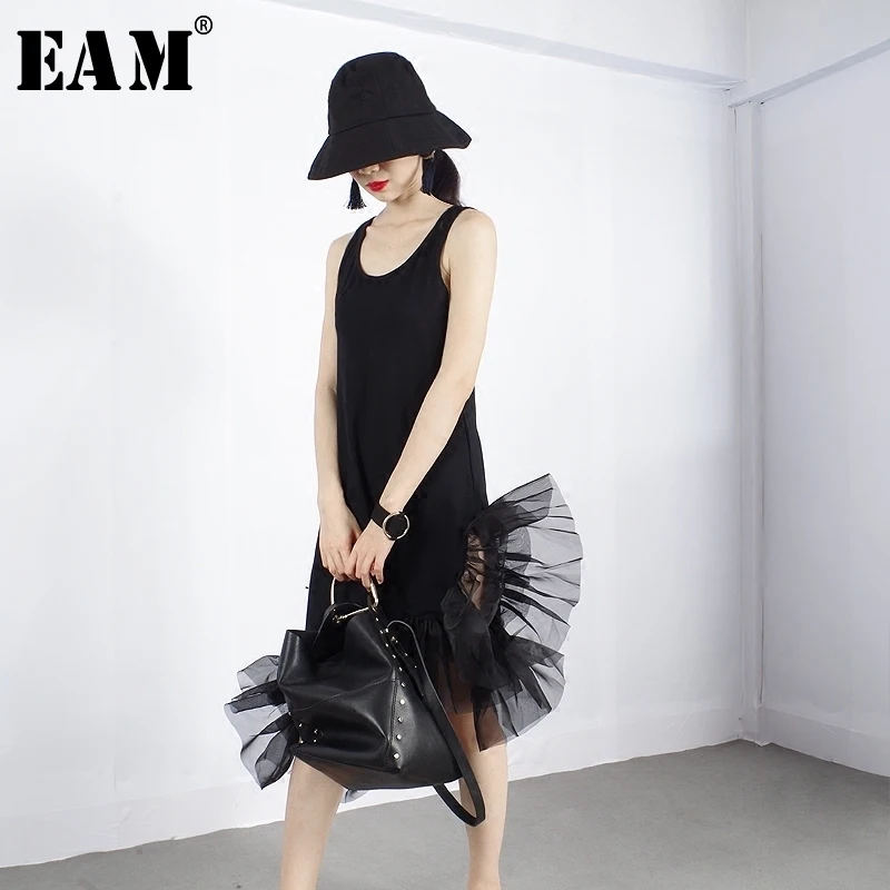 

[EAM] 2019 New Spring Summer Round Neck Sleeveless Black Ruffles Split Joint Organza Stitch Irregular Dress Women Fashion YC3