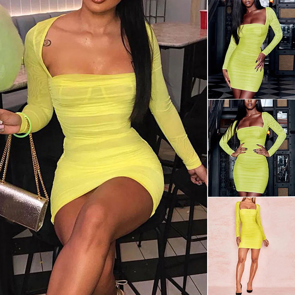 

Sexy Slim dress woman Fashion Summer Style Square Collar ladies Long Sleeve party dress Vinateg robe femme Bodycon Dress #1228