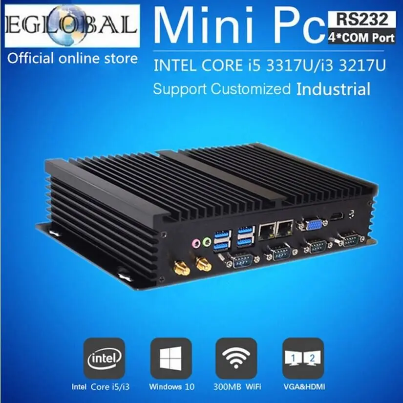 Fanless Mini PC Core i5 3317U i3 3217U Windows 7/8/10 Dual Nics 4*RS232 COM industrial PC Rugged computer 300M Wifi BT HDMI+VGA