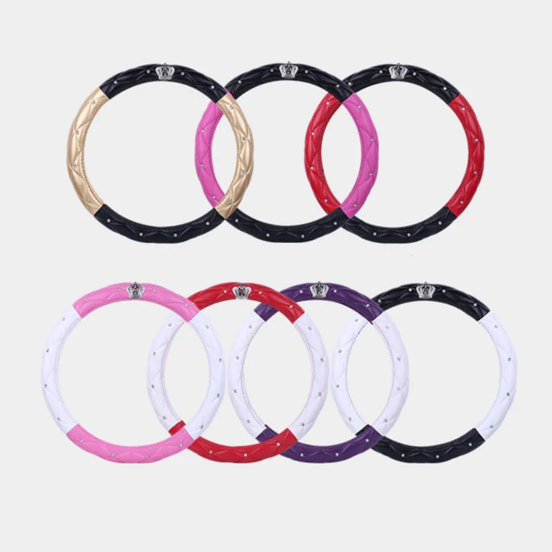 Two-Tone Steering Wheel Cover Leather Crown Crystal Lady Car Steering-Wheel Covers For Woman Girls Car Steering Accessories Two-Tone Steering Wheel Cover Leather Crown Crystal Lady Car Steering-Wheel Covers For Woman Girls Car Steering Accessories