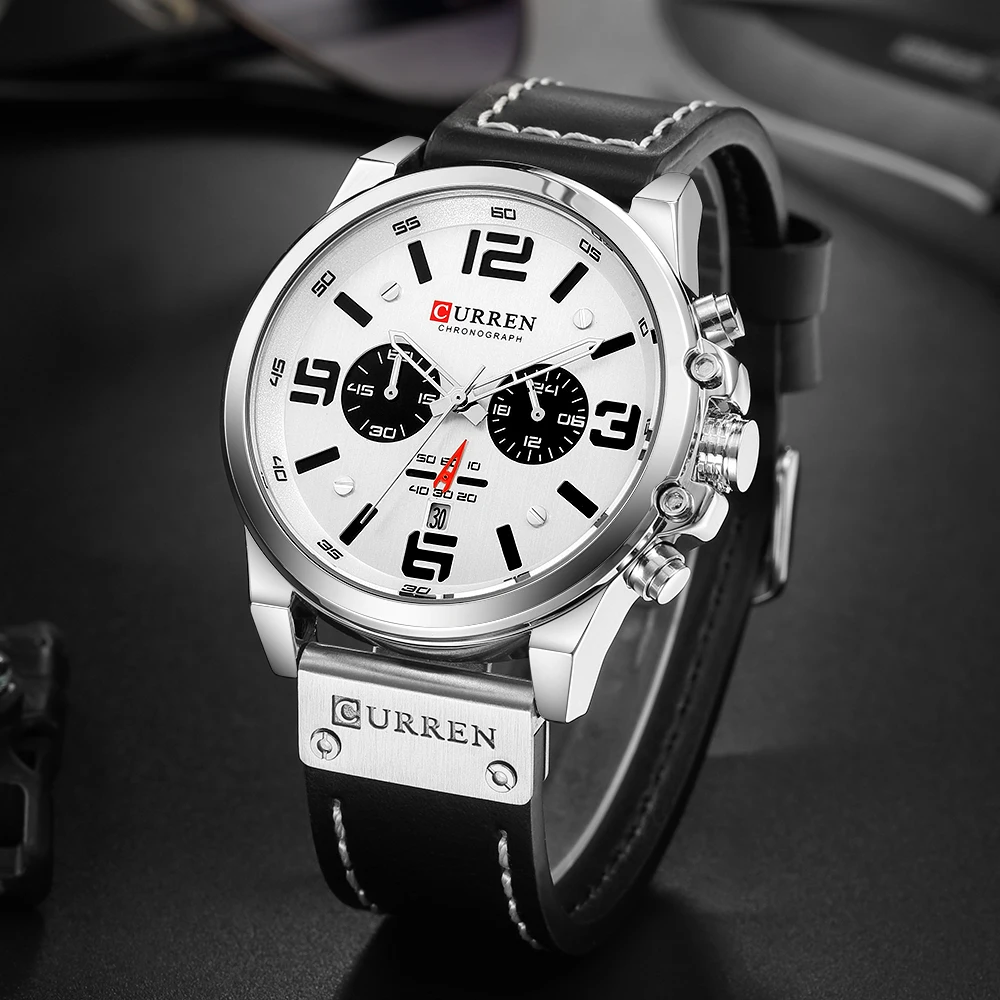 CURREN Mens Watches Top Luxury Brand Waterproof Sport Wrist Watch Chronograph Quartz Military Genuine Leather Relogio Masculino