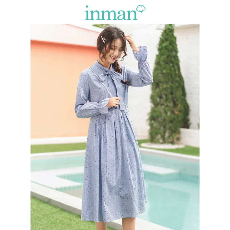 

INMAN 2019 Autumn New Arrival Bow Lacing Defined Waist Vertical Stripes Wave Point Literary Young Girl Sweet Women Dress
