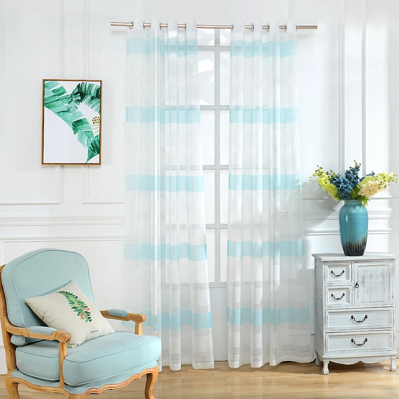 Sky Blue Horizontal Striped Curtains for Living Room Window Sheer Curtains for Bedroom Modern Curtains for Kids Striped Tulle (1)