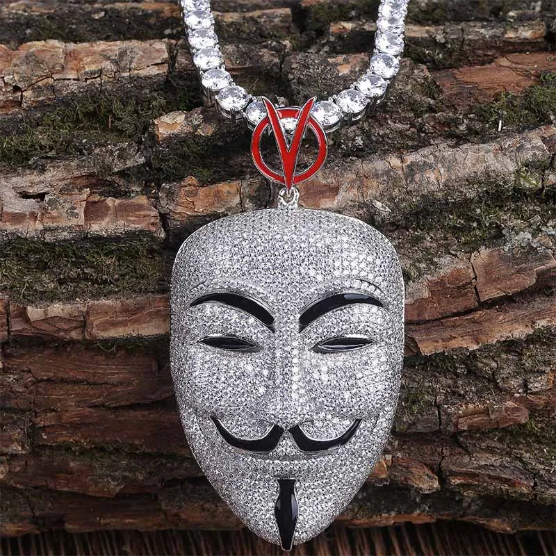 Хип-хоп микро проложили AAA CZ камень Bling Ice Out Серебро V для вендетты Подвески в виде маски ожерелье для мужчин рэппер ювелирные изделия Прямая поставка