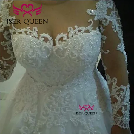 

Beading Long Sleeves with Embroidered Lace on Net Sweetheart Neckline Pearls Bride Dresses Pure White Court Train Wedding w0567