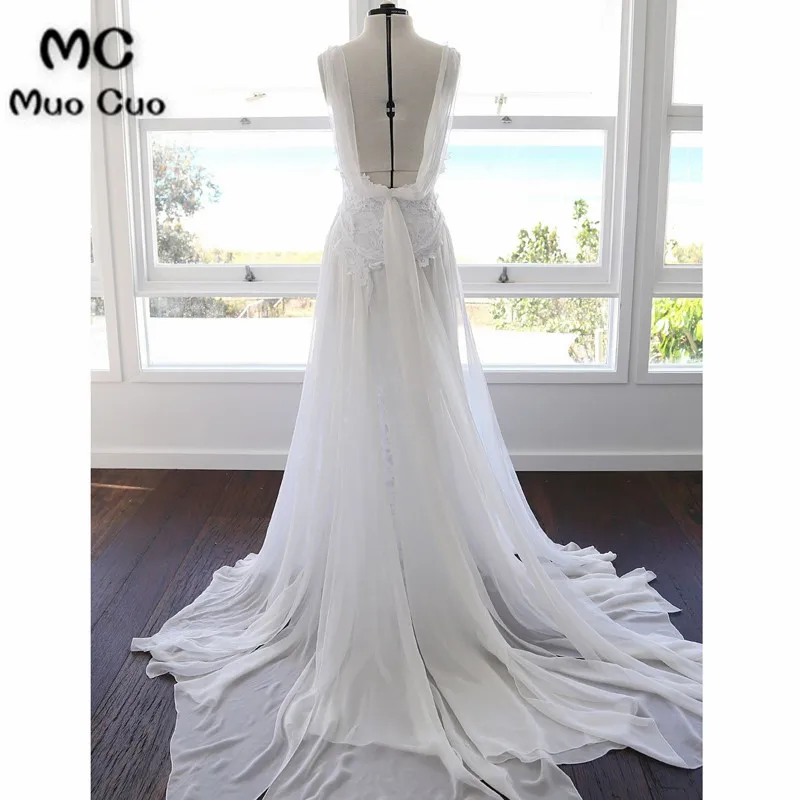 A-line Spaghetti Strap Sweep Train Chiffon Lace Wedding Dresses432