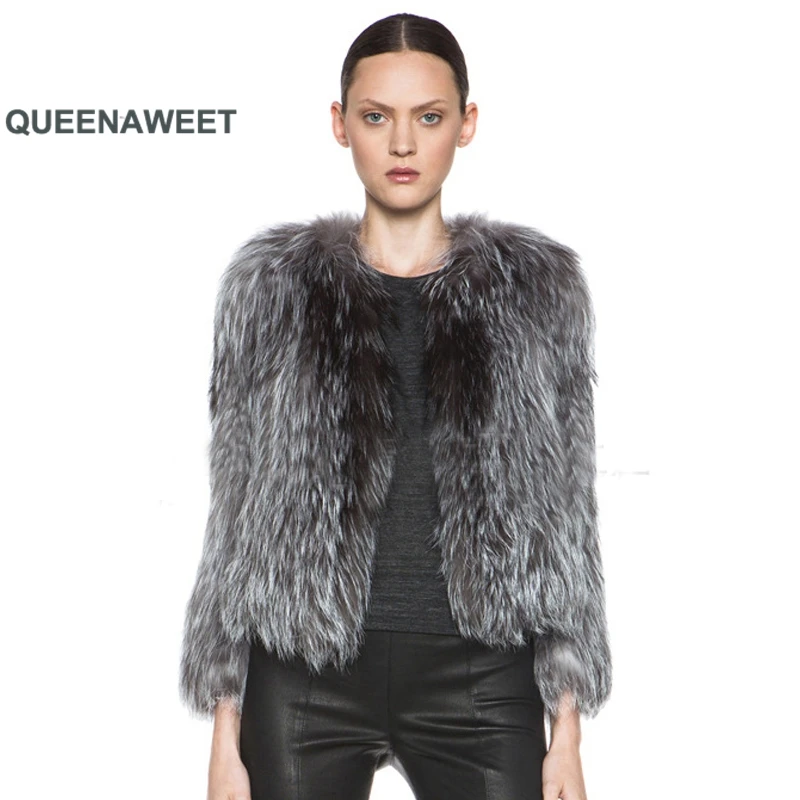 

Real Natural Fox Fur Knitted Silver Fox Fur Coat Full Sleeve Jacket Overcoat Women Outside Coat