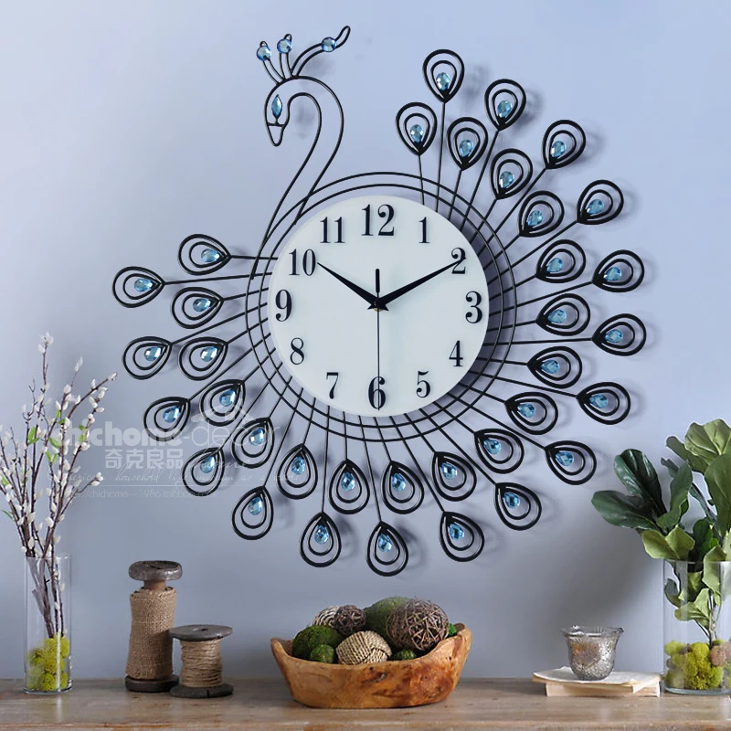 

The modern clock European creative quartz bedroom Luxury Diamond Peacock Large Metal Creative Wall Clock Unique Gift Home Decor