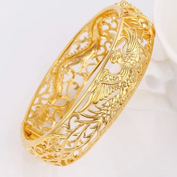 

Thick Dragon Phoenix Bangle Yellow Gold Filled Womens Bangle Bracelet Dia 6cm