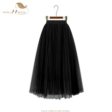SISHION летняя новая однотонная сетчатая юбка в складку для женщин QY0114 черная высокая талия плюс размер тюль миди женские повседневные юбки
