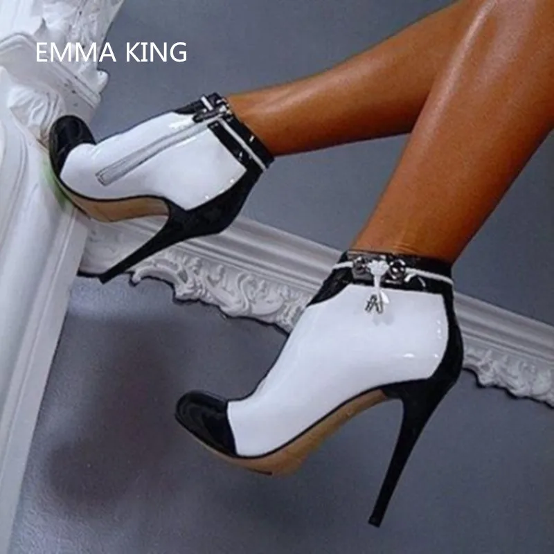 

Black White Leather Women Ankle Boots High Heels Shoes Stiletto Heels Pointed Toe Sexy Ladies Lace Up Side Zipper Short Booties