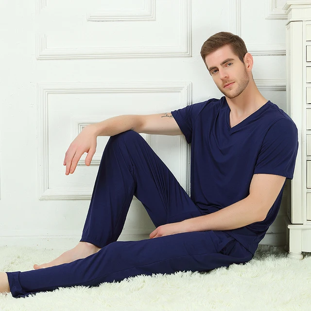 Pajamas Men with Short Sleeve Bamboo Fiber Sleep top and bottom sleep set 2 Pieces set bamboo fiber soft sleepwear Spring Summer