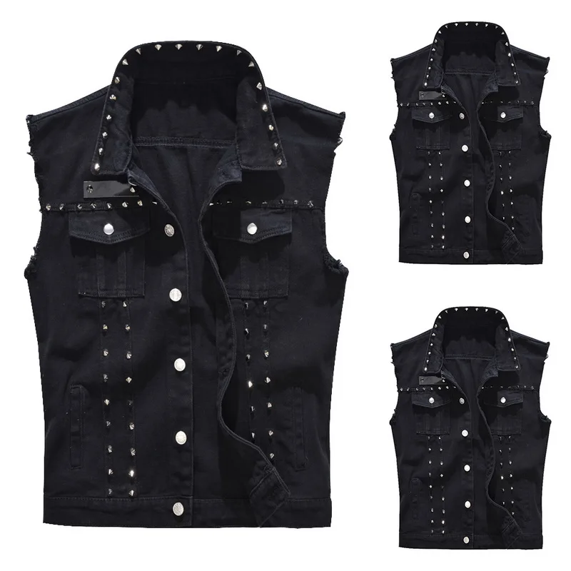 

HEFLASHOR Men Fashion Rock Rivet Denim Vest Punk Style Cowboy Rivet Jeans Waistcoat Men Motorcycle Sleeveless Jeans Jacket 2019