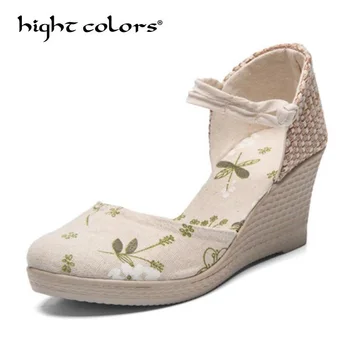 

2019 Vintage Espadrilles Women Sandals Casual Linen Canvas Wedge Sandals Summer Ankle Strap Med Heel Platform Pump Shoes