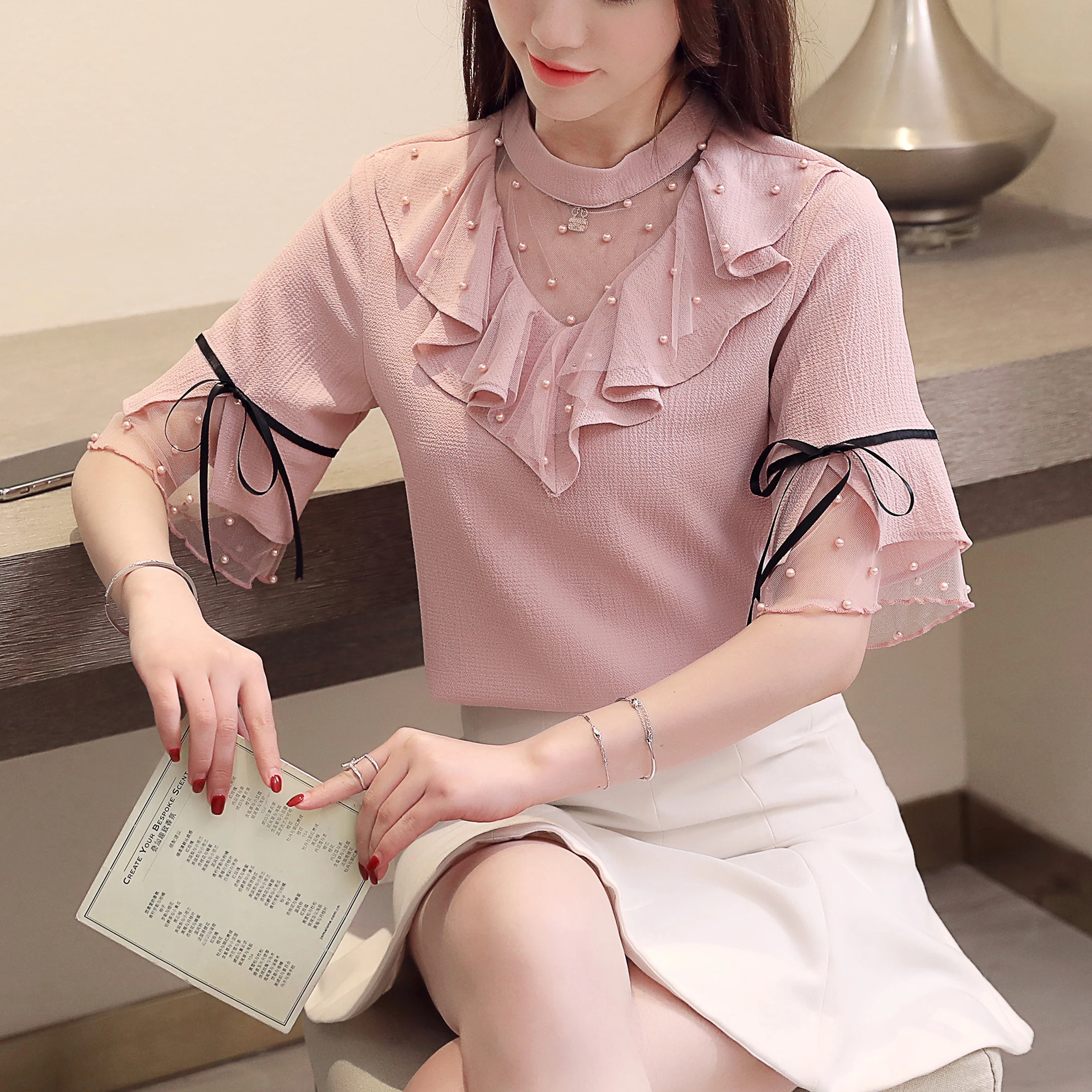 Fashion women chiffon shirt Women s tops and blouse 2019 V-neck ladies tops harajuku white shirt plus size tops Solid 3415 50