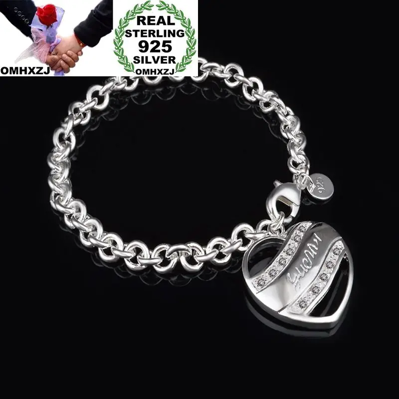 

OMHXZJ Wholesale Personality Fashion Woman Gift Silver Heart Charm Circles Chain 925 Sterling Silver Cuff Bangle Bracelet BR207