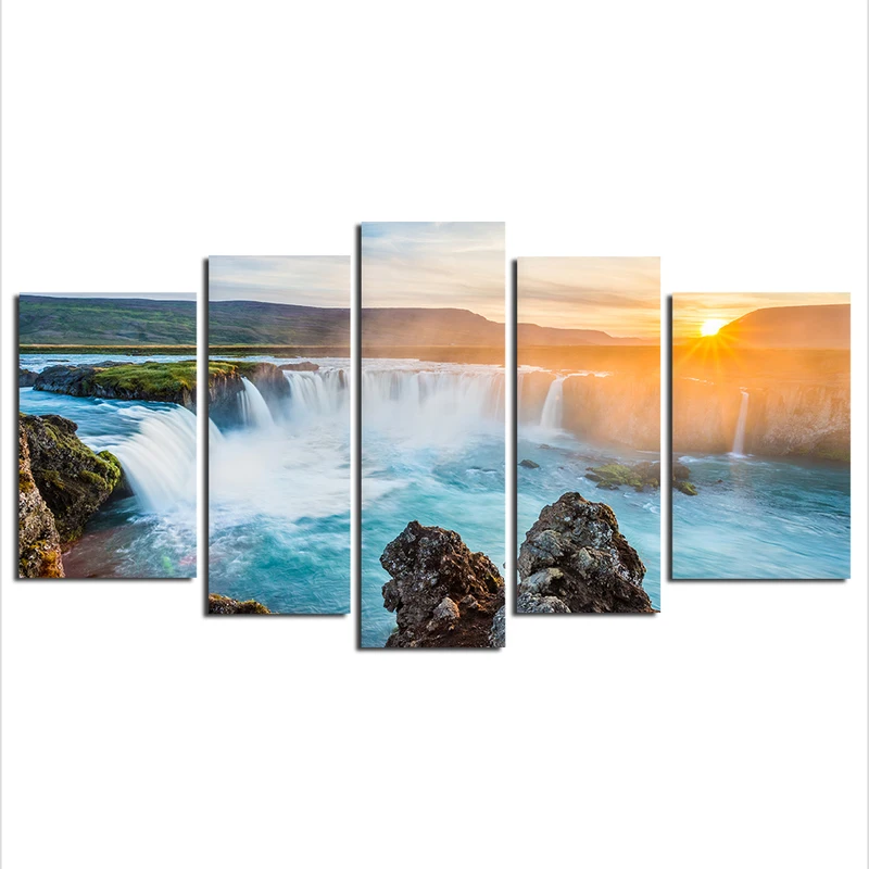 5 Panels Waterfall Painting Canvas Wall Art Landscape Oil Painting