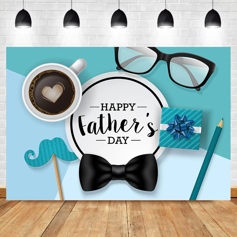 

Happy Father's day Backdrop Coffee Bow Tie Background Photography Gentleman Mustache Blue Celebration Banner Photo Backdrops