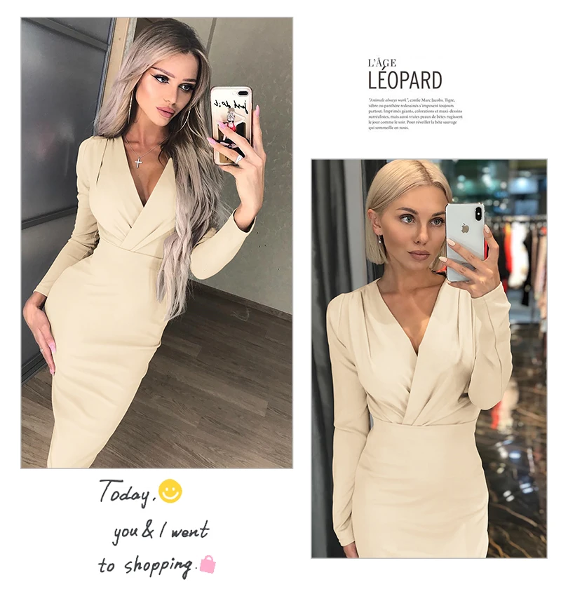 Autumn Sexy Dress Women Empire V Neck Sheath Long Sleeve Knee Length Bodycon Dresses Plus Size Woman Party Vestidos Mujer 2018 (4)