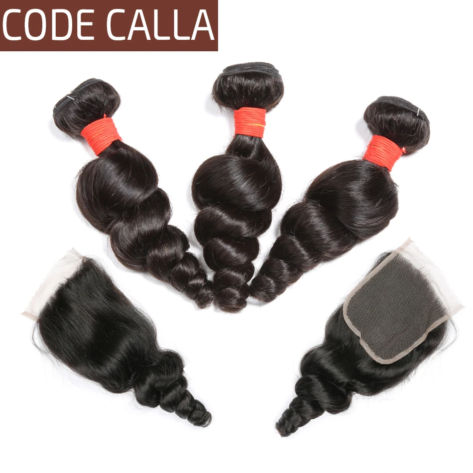 

Code Calla Pre-colored Raw Virgin Human Bundles With 4*4 Lace Closure Unprocessed 100% Peruvian Loose Wave Human Hair For Woman