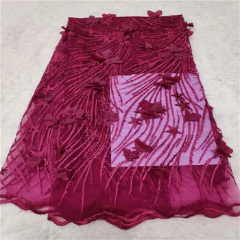 

Wine 2019 New Style 3D Flower beads Lace Embroidery Fabric, Latest Nigerian Lace Fabrics 2019, Luxury Lace Fabric For Wedding