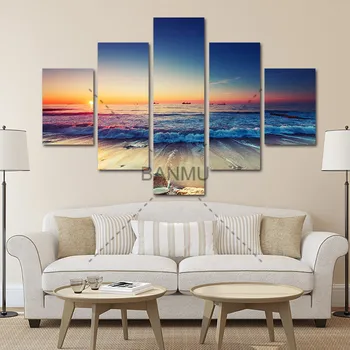 

5 Pieces Modern Wall Art Canvas Unframed Modular Sunrise Panel Print Painting Decorative Sunset Seascape Picture Home Decor