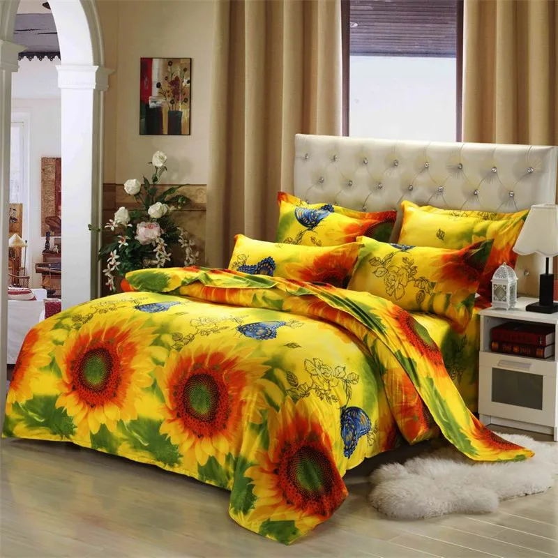 Mingjie Sunflower and Butterfly Yellow 3D Bedding Sets Queen Size Bed Linen Luxury Include Duvet Cover Sheet Pillowcase | Дом и сад