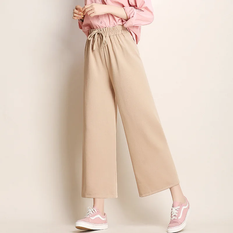 

Causal Summer Cool Wide Leg Pants For Women Elastic Mid Waist Drawstring Solid Color Thin Trousers Street Wear New 2020