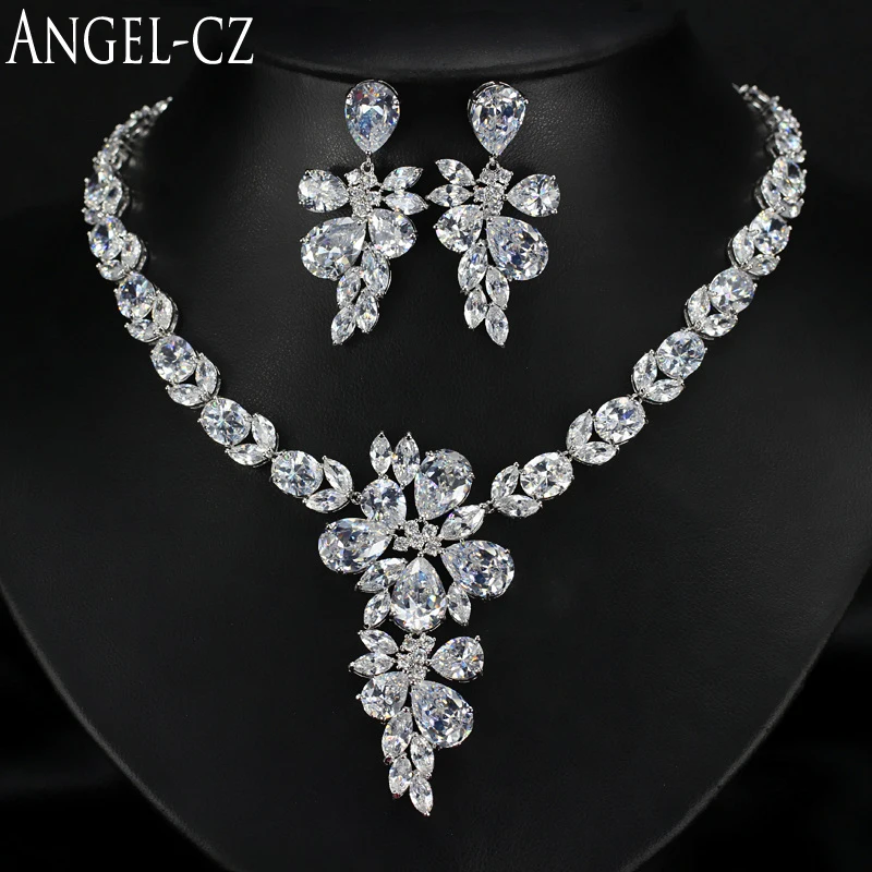 ANGELCZ Stunning Wedding Engagement Jewelry Set For Women Shining Cubic Zirconia Big Flower Pendant Necklace And Earrings AJ062 a suit of stunning faux pearl rhinestoned necklace and earrings for women