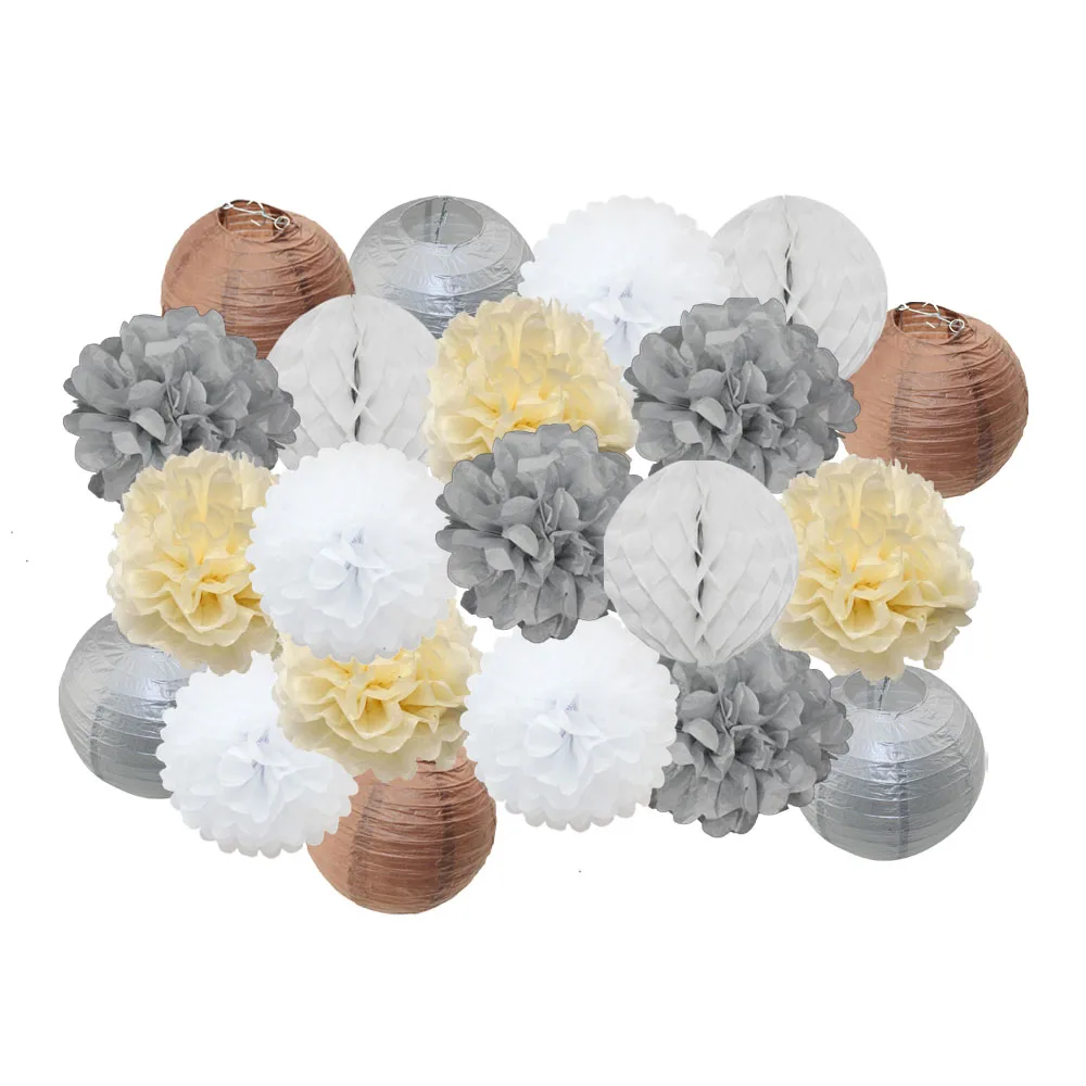 ГОРЯЧАЯ 21 шт./компл. золото/серебро набор Выпускной Декор круглый бумажный фонарь Свадебное Украшение подвесное бумажное ремесло орнамент вечерние пользу - Цвет: silver beige set
