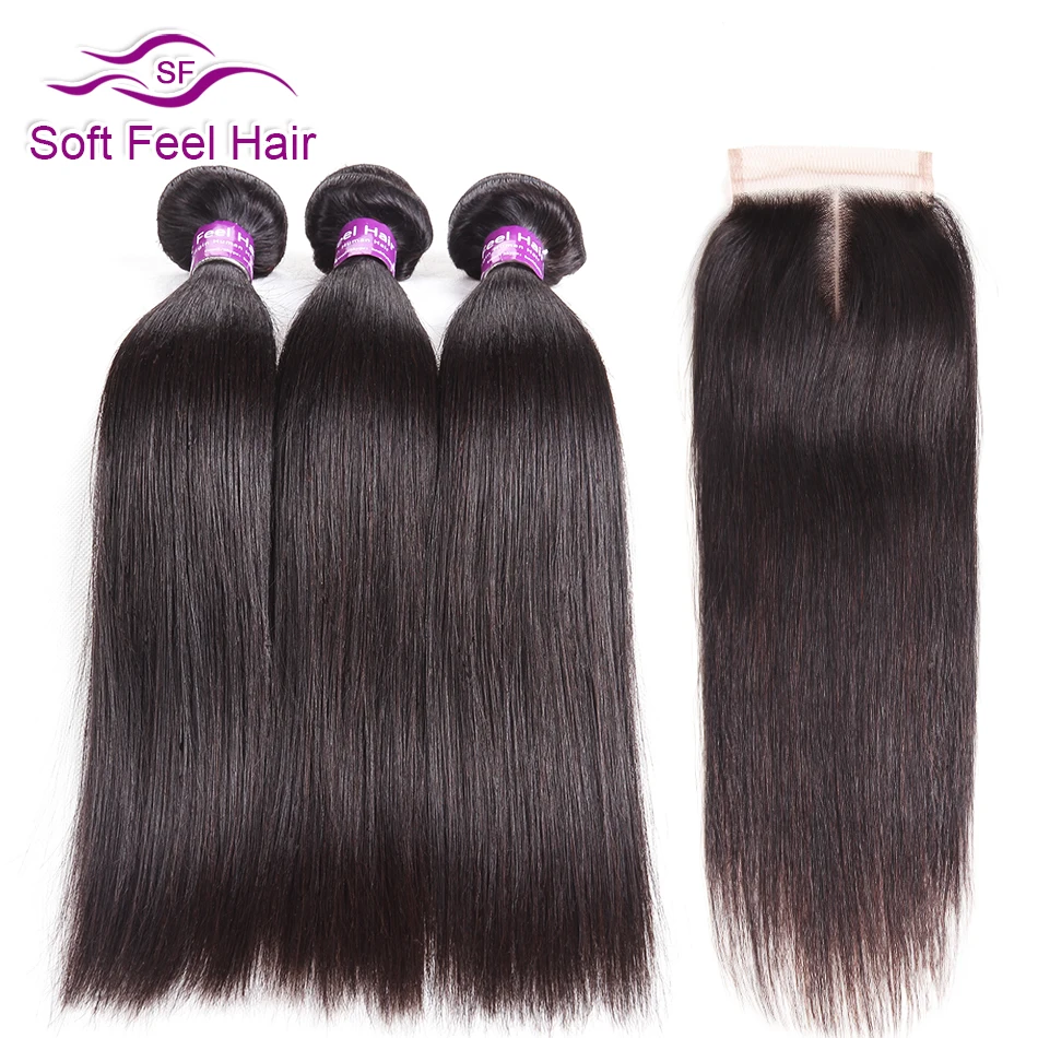 online Toque suave Do Cabelo Feixes de Cabelo Retas Brasileiros Com Fechamento Feixes de Cabelo Humano Com Fechamento 3 4 Pacotes Tecer Cabelo Remy pçs lote