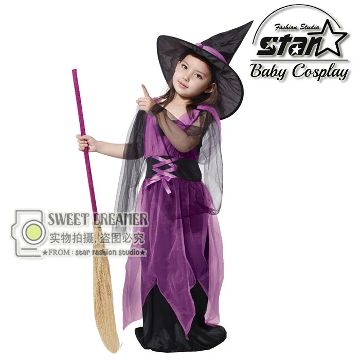 

Children Halloween Costume 2018 New Performance Fantasias Femininas Carnival Mesh Dress With Hat Kids Elfin Witch Costumes