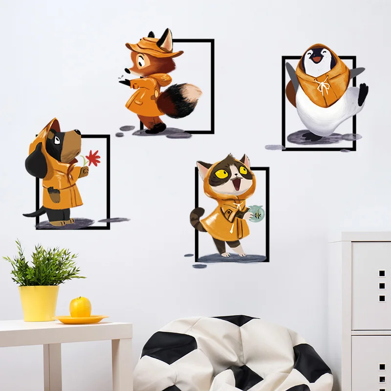 Cartoon animals It's raining Wall sticker Dogs Cats Fox Penguins Art decals kids rooms Bedroom living room stickers home decor