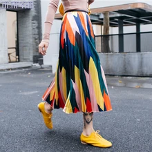 HLHPYHB Summer Rainbow Pleated Skirt Woman's Colorful Elascity High Waisted Flare Skirt Lady Gradient Mid Calf A-Line Skirt stylish women s high waisted buttons embellished flare skirt