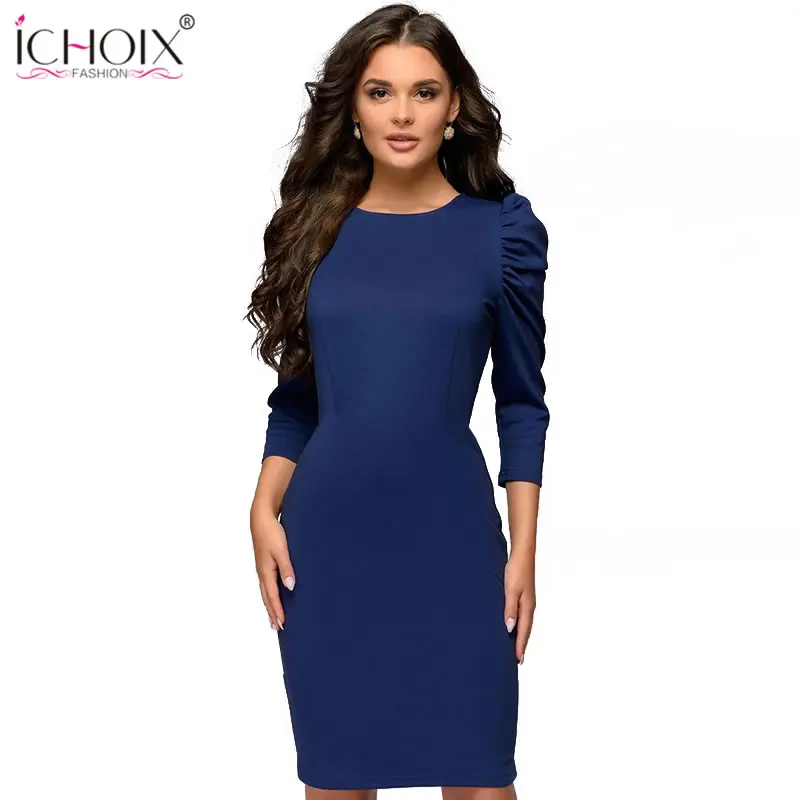 

ICHOIX spring puff sleeve bodycon blue dress 2019 work slim office dresses knee length elegant party dress autumn women clothes