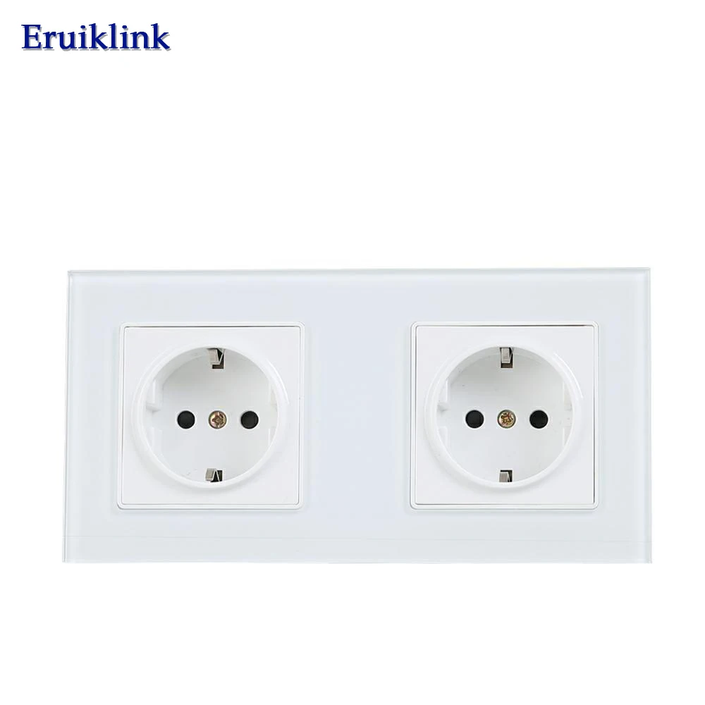Eruiklink EU Standard 2 Gang Wall Power Socket, White Crystal Glass Panel, AC110V~250V 16A Wall Outlet (2)