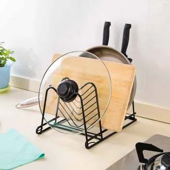 

Useful Pot Lid Rack Metal Cutting Board Stand Pan Cover Pot Lid Storage Shelf Holder Kitchen Organizer Tools