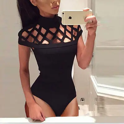 

Women One Piece Hollow Out Jumpsuit 2017 Summer High Neck Sexy Black Bodysuits