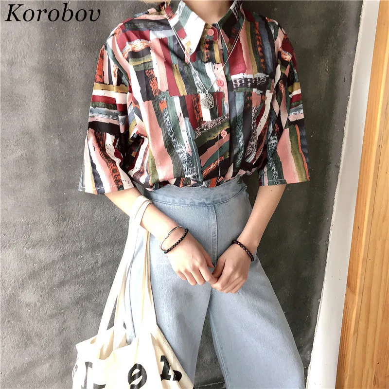 Korobov, мультяшный принт, свободная повседневная женская блузка, Harajuku, короткий рукав, Ulzzang, рубашки, высокая уличная мода, Blusas, топы 77840
