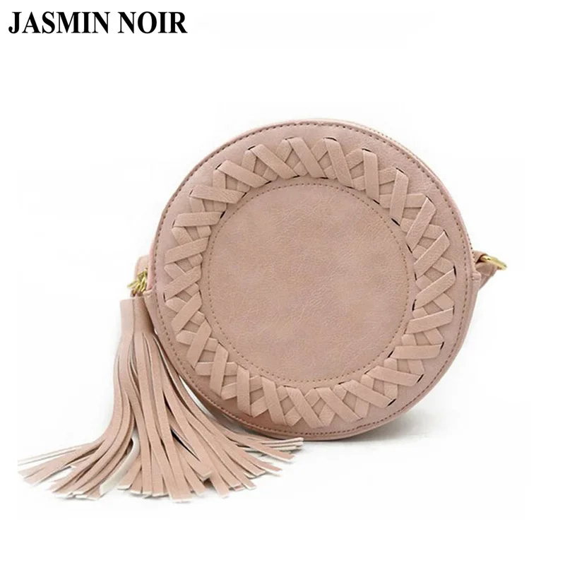 Beste Nieuwe Mode vrouwen tas kwastje Ronde weave Cross body Messenger Bag Retro Dames Leuke Meisjes roll Schoudertas grijs BRUIN