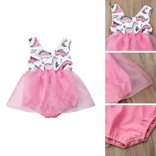 

2019 Newborn Baby Girl Princess Sleeveless Dinosaur Printed Mesh Patchwork Clothes Romper Tulle Outfits Hot Sale