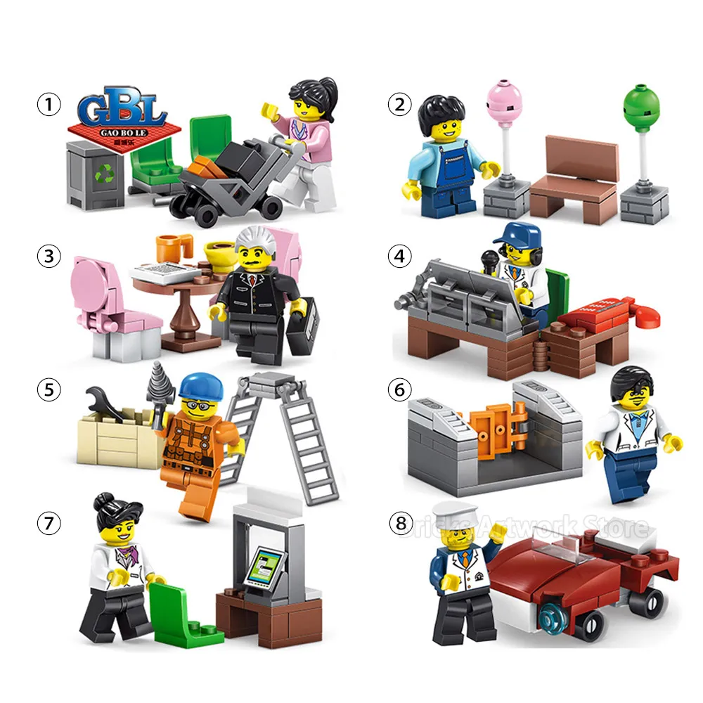

Fit Legoness City Creator Series 8in1 Mini Figures People Pack Set Engineering team Cars Building Blocks Toys For Children Gifts