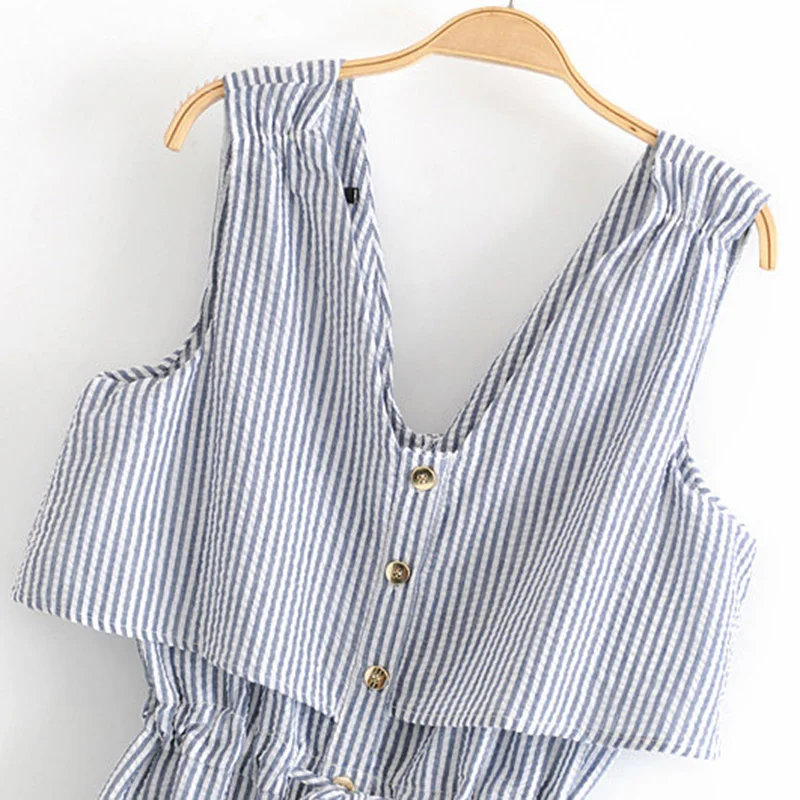 خمر أنيق زرر مخطط حللا النساء 2019 الأزياء V الرقبة أكمام الرباط الكاحل السراويل عارضة ارتداءها فام