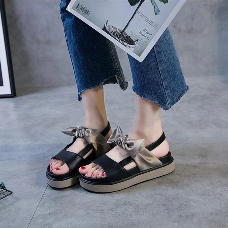 Allgleiches Beige Mit Weiblichen Slip 2018 W54 Sommer Flachen Freizeit Schuhe Sandalen Plattform Bogen Ein schwarzes Muffin Neue Frauen Alias Studenten qU0xv0Y