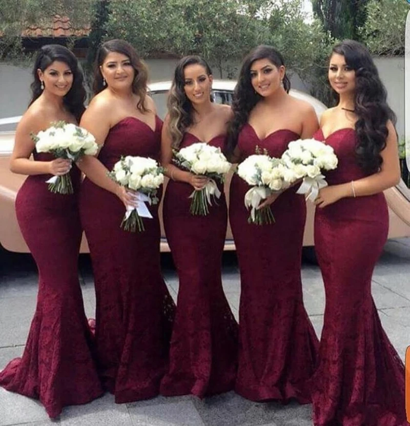 

robe de soriee Elegant Burgundy Sweetheart Lace Mermaid Long Bridesmaid Dresses 2020 Wedding Guest Dress Prom Party Gowns