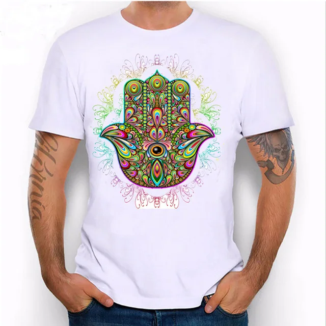 

Hamsa Hand Colorful design men's T Shirt Hamsa Hand Amulet Psychedelic print T-shirt High Quality Tops male cool hipster Tee