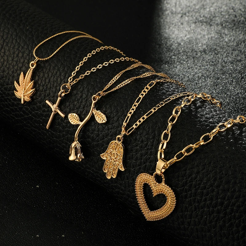 Tocona золотое, подделка длинный листик крест Розочки в форме сердца многослойное ожерелье с подвеской для женщин Винтажный чокер ювелирные изделия D06402